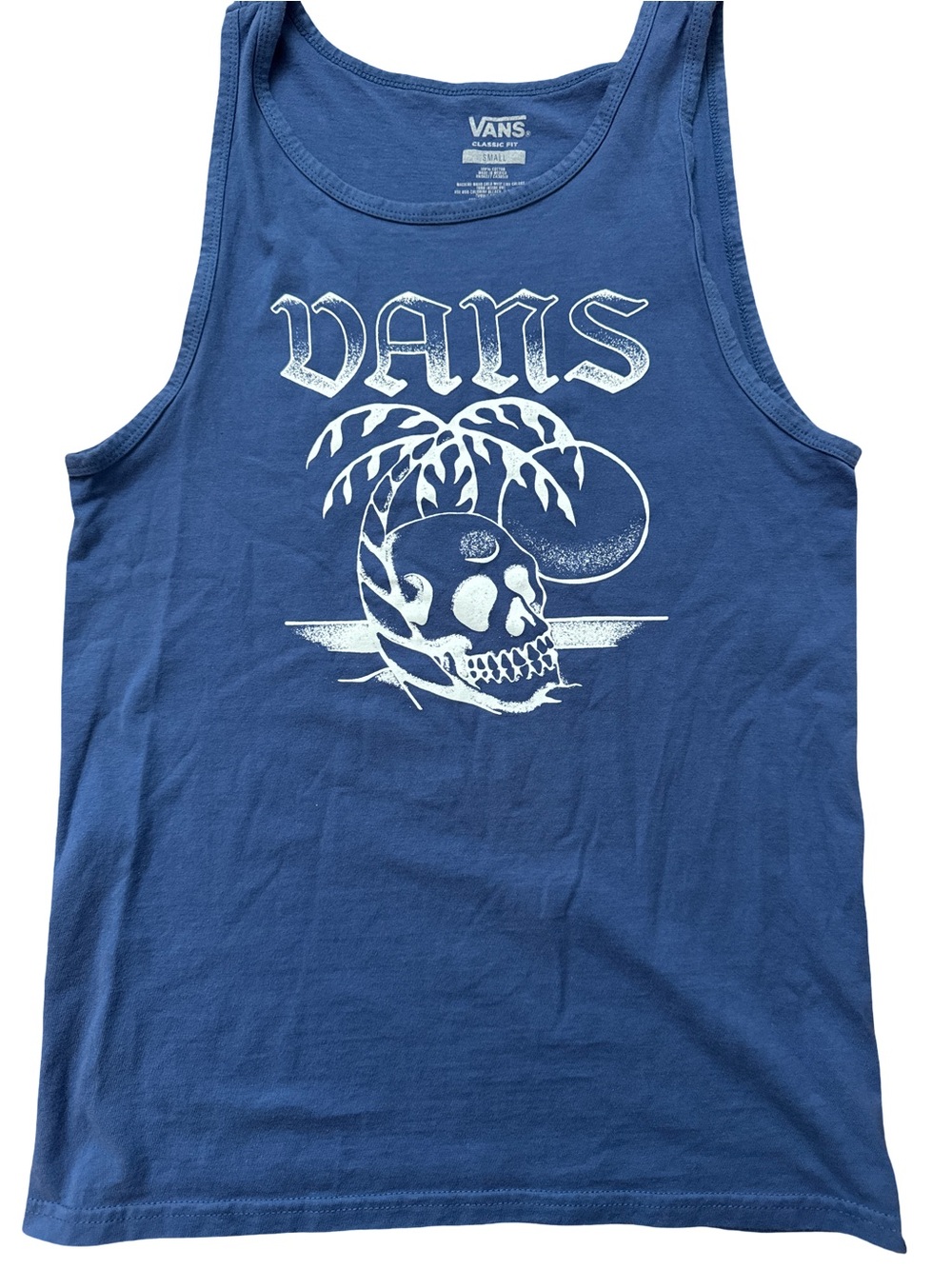 VANS Men’s Classic Fit Blue Tank Top Size Small Skull Palm Tree Beach Sleeveless